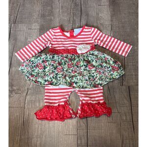 Serendipity Girls Christmas Outfit 3M – Striped Top & Ruffle Pants Festive Set